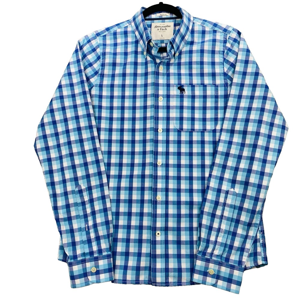 Abercrombie & Fitch Mens Large Muscle Fit Blue Gingham Check Button Down Shirt